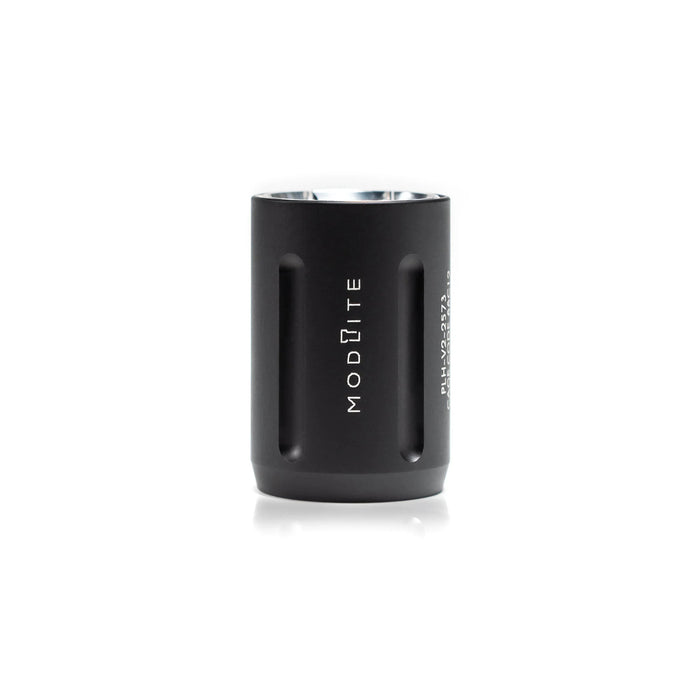 A product image of the PLHV3 modlite light head in the color black and with the flashlight head having "MODLITE" written vertically and the item itself situated vertically with the glass side up; it has a sleek, matte finish and metallic interior, evoking a modern, robust design.