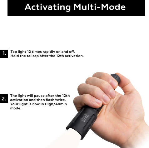 an infographic of the modlite plhv3 where it explains how a user may activate the multi-mode variant, specifying that the button on the light body tail cap must be pressed 12 times in order to activate the admin mode 