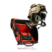 An open poppy flower camouflage gear bag with an orange interior and a fully equipped tan helmet floating above it, perfectly demonstrating how big can fit in V2 OG Tactical Helmet Bag w/ Nods Box including mounted night vision and communication headsets.
