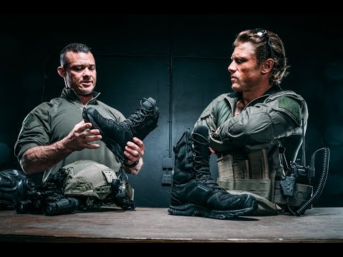 A video thumbnail image showing a tactical gear expert holding the boot to give a detailed Salomon XA Forces 8 GTX EN review, highlighting its heavy-duty materials and waterproof design.