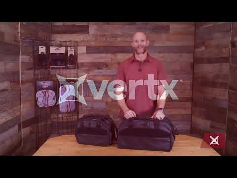 A video screen displaying the key benefits and features of vertx cof range bags, where a demonstrator highlights the integrated security cable and 15-liter capacity for a secure range experience.