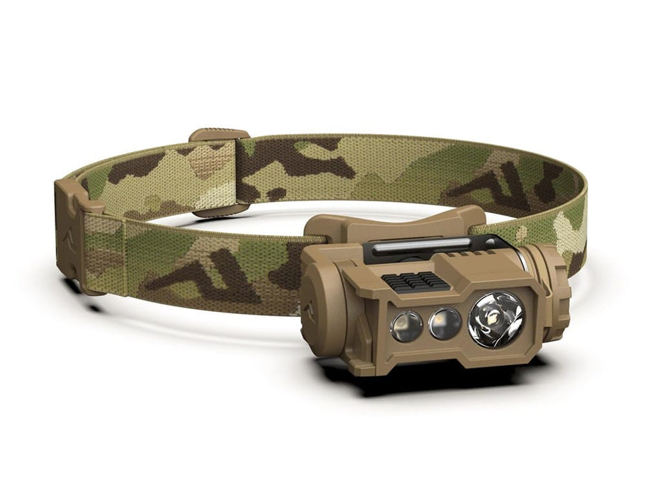the princeton tec ghost x headlamp product image featuring the headlamp on the multicam color variant