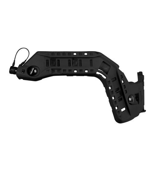 A detailed profile shot of the black Ops-Core RAILINK Power and Data Arc Rails shown against a clean white background, highlighting the streamlined design of these PowerARC Rails for advanced helmet power management.
