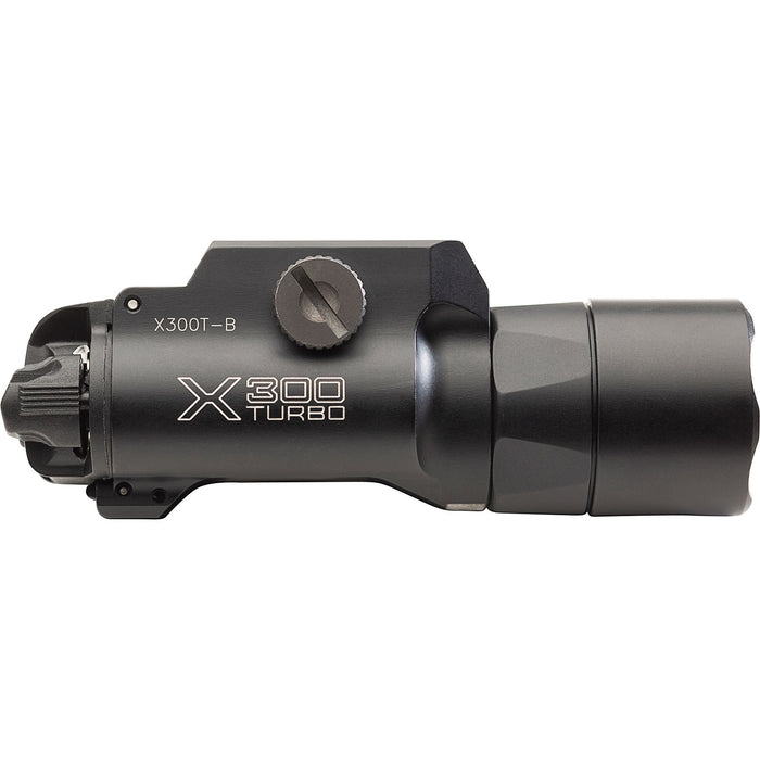 A clean profile view of the black SureFire X300T-B, clearly displaying the T-Slot thumbscrew designed for a secure, permanent attachment to pistol rails.