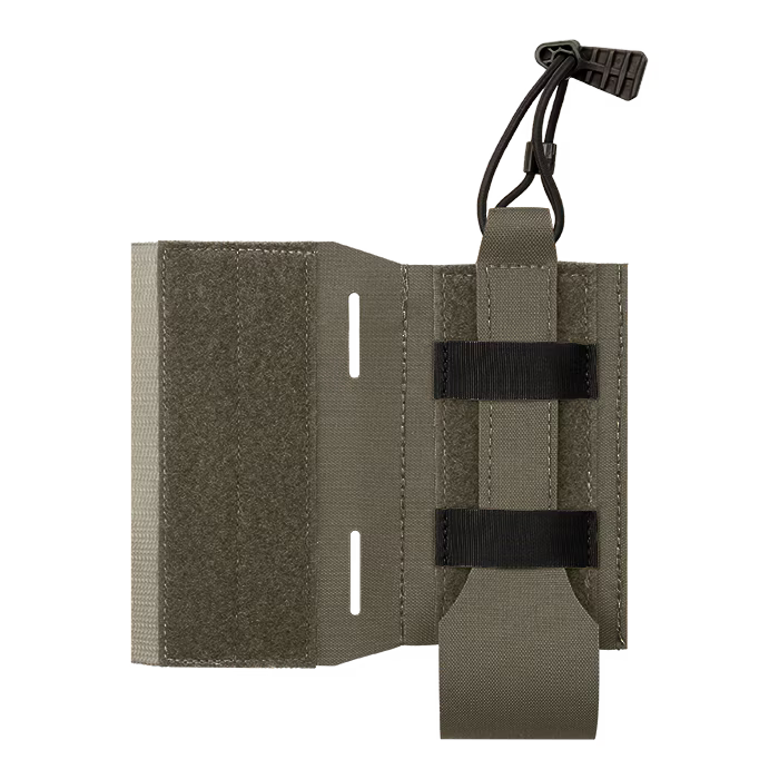 A front-facing view of the Ranger Green low-profile visibility side radio pouch, displaying its lightweight AIRLITE construction, vertical mounting straps, and a top bungee cord with a black pull tab for secure retention.