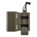 A front-facing view of the Ranger Green low-profile visibility side radio pouch, displaying its lightweight AIRLITE construction, vertical mounting straps, and a top bungee cord with a black pull tab for secure retention.