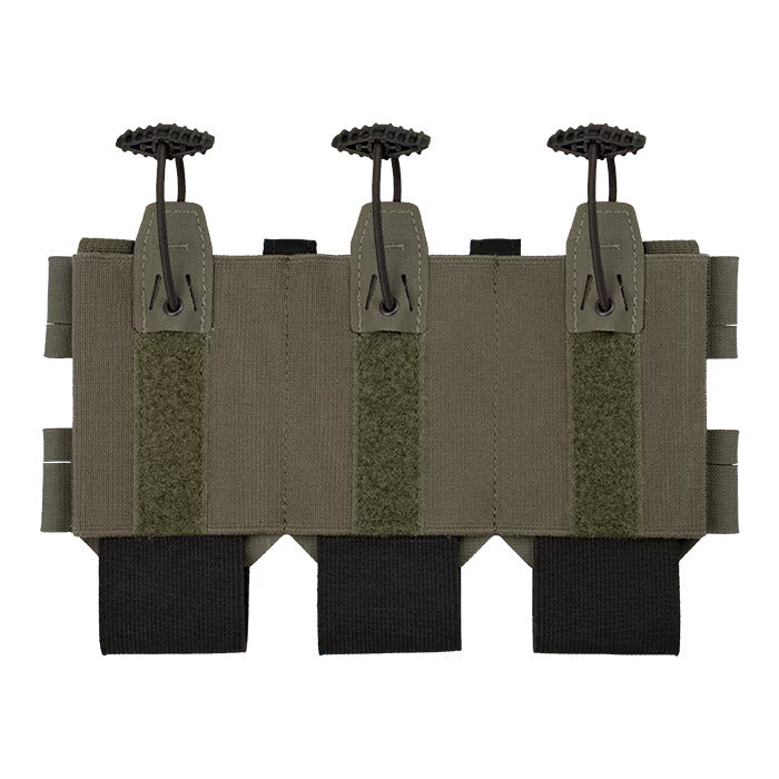 A straight-on view of the Ranger Green magazine pouch designed to attach to a tactical plate carrier, set against a white background. It displays three vertical compartments featuring black elastic bottoms, central velcro strips, and black shock cord retention tabs at the top.