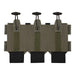 A straight-on view of the Ranger Green magazine pouch designed to attach to a tactical plate carrier, set against a white background. It displays three vertical compartments featuring black elastic bottoms, central velcro strips, and black shock cord retention tabs at the top.