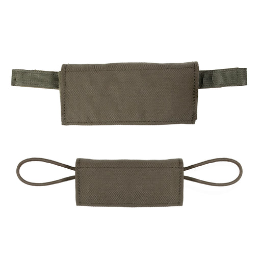 A side-by-side comparison of the Ranger Green team wendy exfil counterweight kit in both small and large sizes, showing the adjustable weight pouches and the secure mounting straps used for professional helmet stabilization.