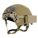 A left-angled view of the ranger green team wendy helmet counterweight securely attached to an EXFIL Ballistic helmet, showing how the pouch sits flush against the rear shell for optimal balance.