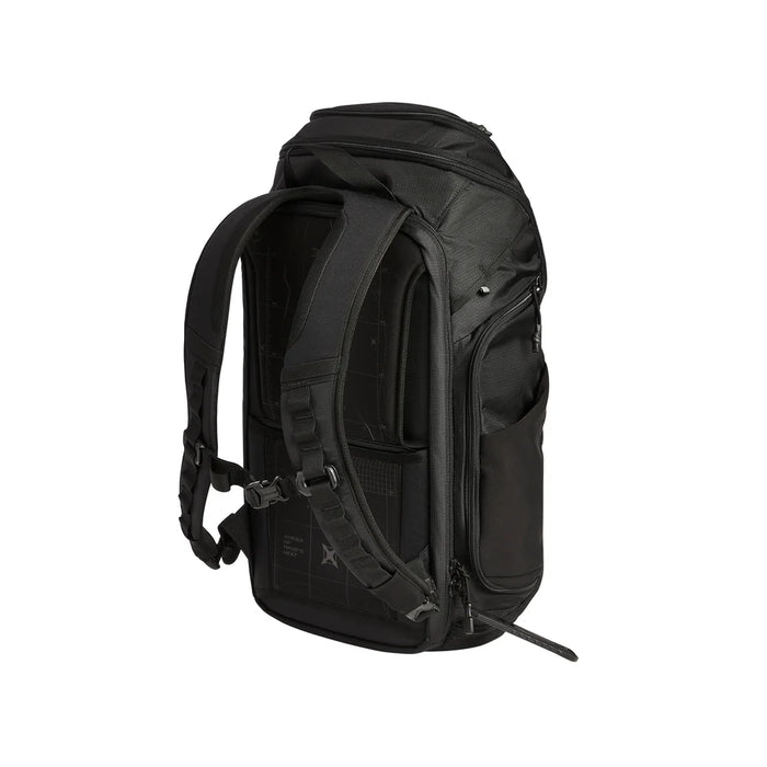 A rear angled view of the Gamut 32L bag, prominently displaying its padded shoulder straps and adjustable sternum strap in the foreground for comfortable carry.