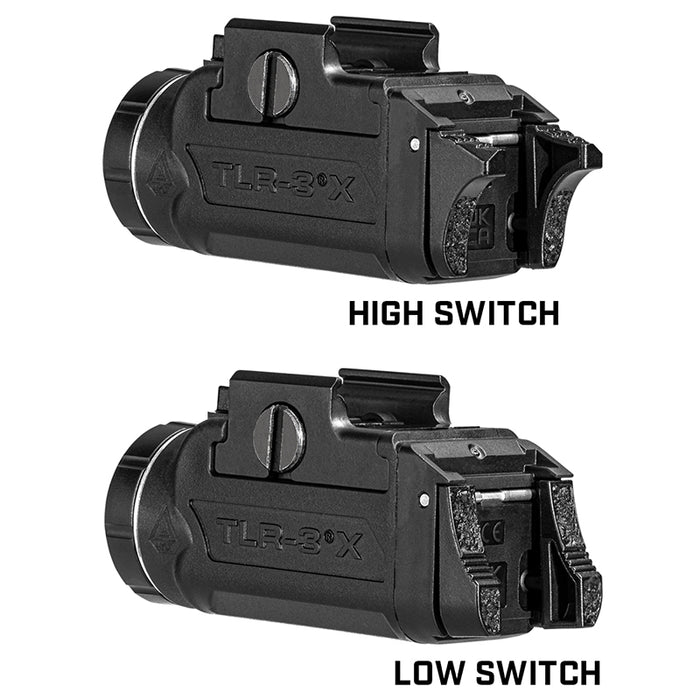 A rear angled view of the Streamlight weaponlight highlighting the different ambidextrous paddle switch options included for a personalized tactical fit.