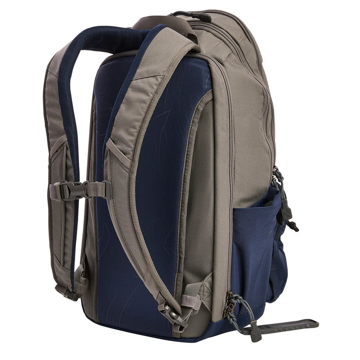 A rear angled view of the Slate Grey and Depth Charge Ready Pack X, featuring the padded shoulder straps in the foreground and the side water bottle pouch alongside the ventilated foam back panel in the second plane.