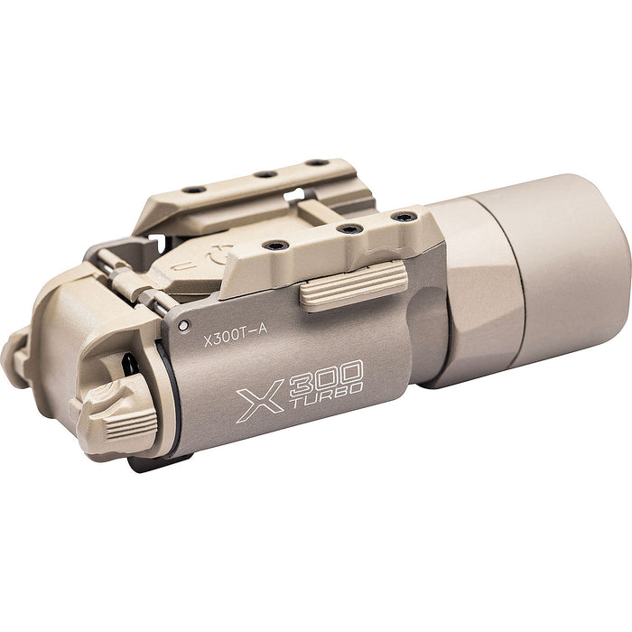 A rear-angled view of the tan SureFire X300T-A, highlighting the ambidextrous toggle switches designed for intuitive momentary or constant-on activation.