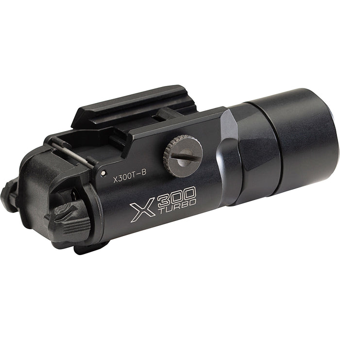 A rear-left isometric view of the black SureFire X300 Turbo (B-Model), focusing on the rear battery compartment and ambidextrous toggle switches