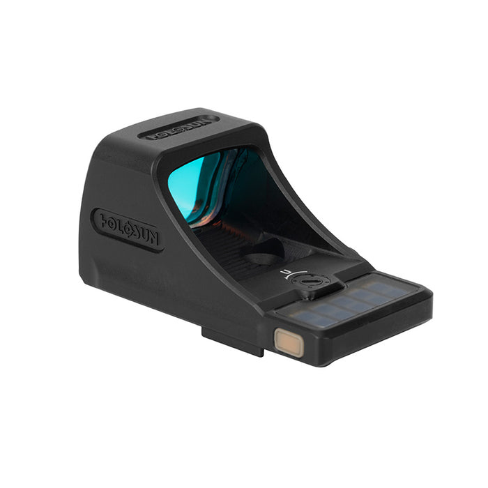 A rear-left isometric view of the SCS VP9 Holosun reflex sight, highlighting the integrated solar panel clearly visible on the top and left side of the low-profile casing.