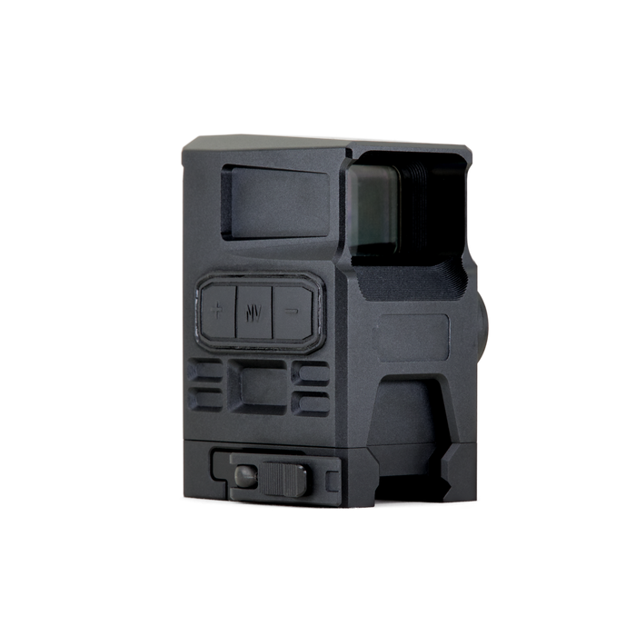 A clear rear-left perspective of the black DOT EHS-1, showing the user control buttons and durable housing of this advanced shake awake holo optic.
