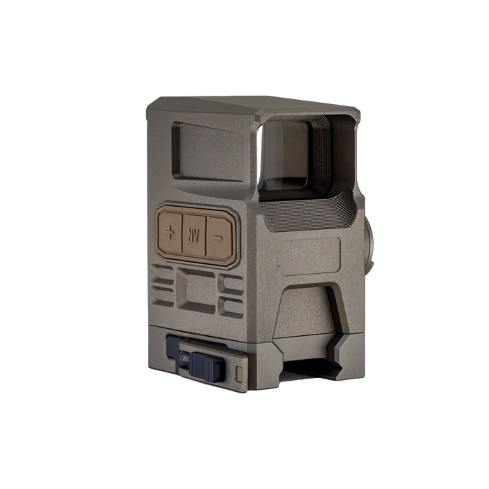 A rear-left perspective of the DOT EHS-1 in a flat dark earth finish, displaying the user controls and the sturdy base of this integrated high mount optic.