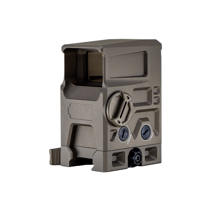 A rear-right angle view of the flat dark earth DOT EHS-1, showing the durable housing and control buttons of this zero parallax combat optic.