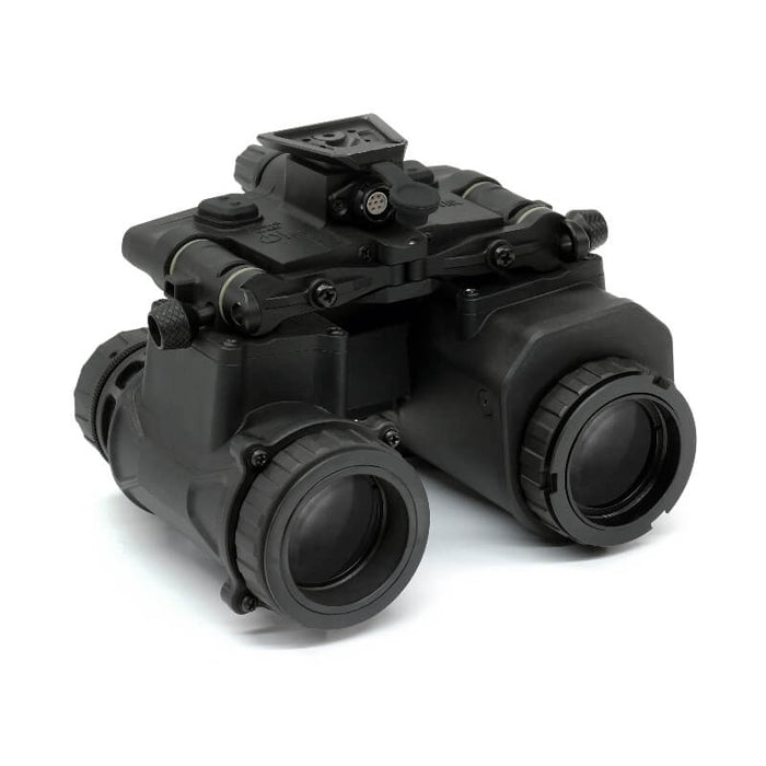 Rear-right isometric view of the binocular night vision device, displaying the eyepiece assemblies, bridge mechanism, and mounting interface located on the top center section.