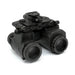 Rear-right isometric view of the binocular night vision device, displaying the eyepiece assemblies, bridge mechanism, and mounting interface located on the top center section.