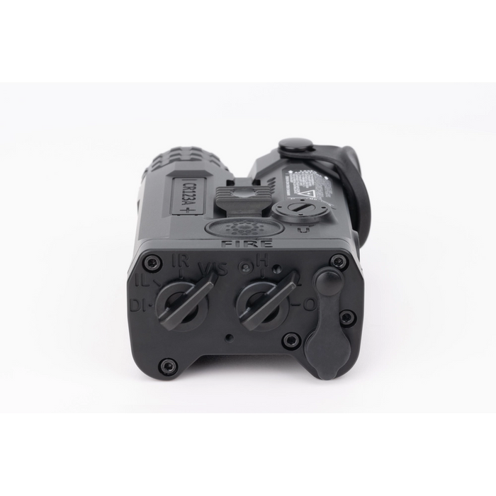 A direct rear view of the black Holosun IRIS 3 laser aiming module, clearly showing the dual rear-facing selector switches used to toggle between the infrared, visible, and illumination modes.
