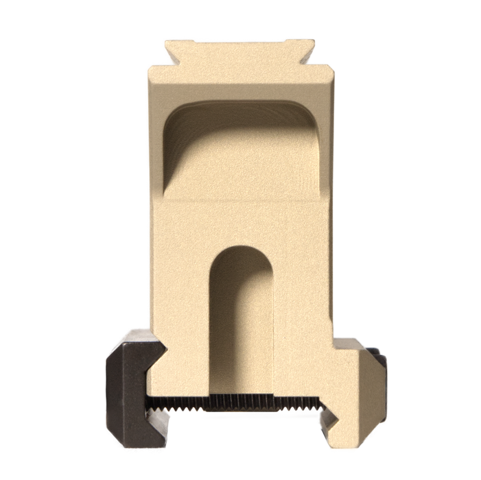 A direct rear view of the flat dark earth upright aiming optic riser, displaying the shooter's perspective and the secure mounting base that attaches to the rifle rail.