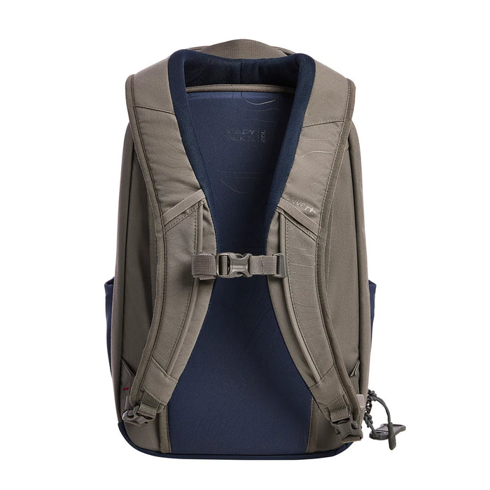 A detailed view of the back panel on the Slate Grey and Depth Charge Ready pack x backpack , showcasing the adjustable padded shoulder straps and an easy-slide sternum strap with breakaway clips for a secure, comfortable fit during professional operations.