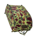 A fully closed, heavily padded tactical helmet bag standing upright in a retro woodland frog skin camouflage pattern featuring greens and maroons, designed with a heavy-duty zipper and a front velcro identification panel.