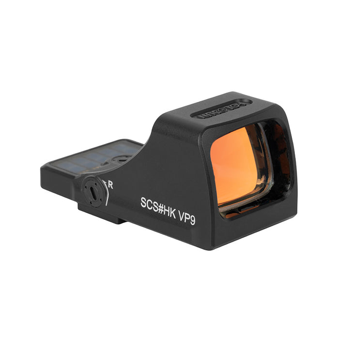 A right-angled frontal isometric shot of the Holosun SCS-VP9-GR open reflex sight, displaying the laser-engraved factory part number on the rugged housing alongside the windage control adjustment screw.