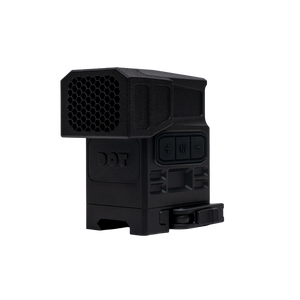 A right-angled, frontal isometric view showing the black DOT EHS-1 ARD securely mounted onto an optic sight.