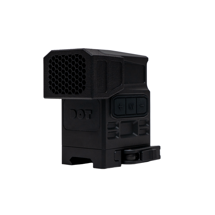 A right-angled, frontal isometric view showing the black DOT EHS-1 ARD securely mounted onto an optic sight.