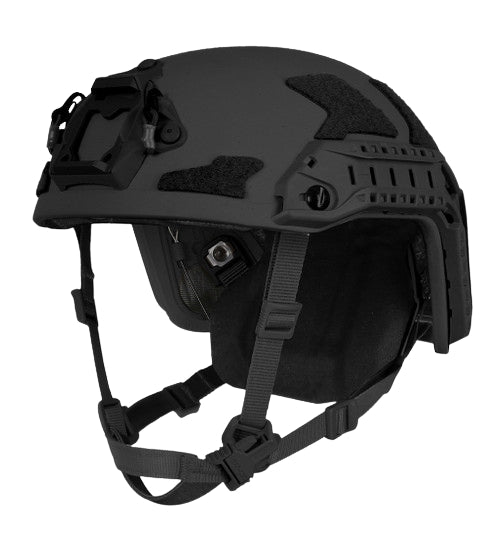 Right-angled isometric view of the ops core fast xp ballistic helmet in black, showcasing the PowerPath rails and MBS shroud in the foreground with the Head-Loc retention system clearly visible.