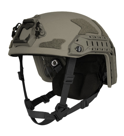Right-angled isometric view of the ops core fast xp gen 2 helmet in Ranger Green, showcasing the PowerPath rails and MBS shroud in the foreground with the Head-Loc retention system clearly on display.