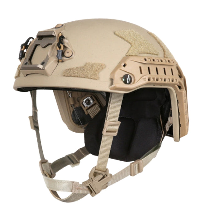 Right-angled isometric view of the Ops-Core FAST XP Gen 2 Helmet in Tan 499, clearly displaying the PowerPath rails and MBS shroud in the foreground with the Head-Loc retention system visible.