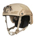 Right-angled isometric view of the Ops-Core FAST XP Gen 2 Helmet in Tan 499, clearly displaying the PowerPath rails and MBS shroud in the foreground with the Head-Loc retention system visible.