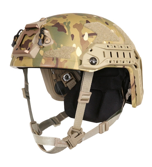 Right-angled isometric view of the Ops-Core FAST XP Next Gen Helmet System in Multicam camouflage, showcasing the PowerPath rails and MBS shroud in the foreground with the Head-Loc retention system clearly on display.