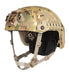 Right-angled isometric view of the Ops-Core FAST XP Next Gen Helmet System in Multicam camouflage, showcasing the PowerPath rails and MBS shroud in the foreground with the Head-Loc retention system clearly on display.