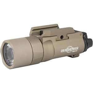 A clear right-angled profile of the SureFire X300T-A in Tan, showing the Rail-Lock mounting lever and high-candela bezel.