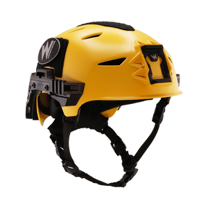 Right-angled shot of the yellow Team Wendy EXFIL Maritime RESCUER helmet, featuring the front shroud in the foreground and Rail 3.0 system on the side.