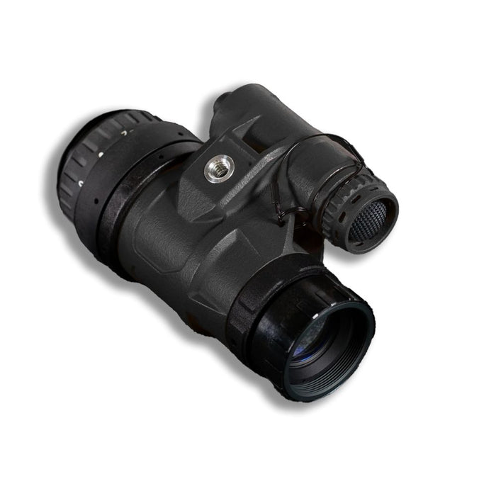 Captured from a right-angled perspective, this black nocturn tanto highlights the monocular's minimalist and lightweight architecture, showing the seamless connection between the objective lens and the main body housing.