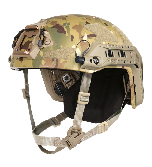 A professional right frontal isometric shot of the Ops-Core FAST SF Gen 2 helmet in Multicam, featuring the specialized integrated PowerARC rails in a contrasting Tan 499 finish for advanced accessory mounting.