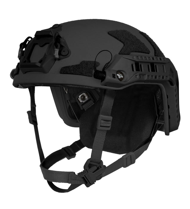 A sleek right frontal isometric view of the black Ops-Core FAST SF Gen 2 helmet, showcasing the perfectly integrated PowerARC rails in a matching black finish for a unified, low-profile tactical look.
