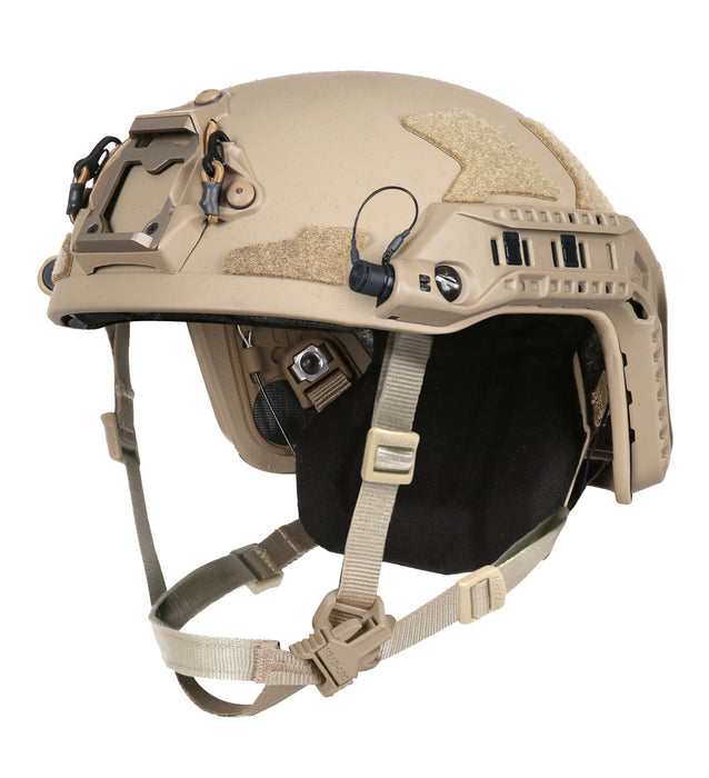 A high-resolution right frontal isometric view of the Ops-Core FAST SF Gen 2 helmet in Tan 499, featuring seamlessly integrated PowerARC rails in matching Tan 499 for a complete tactical headborne system setup.