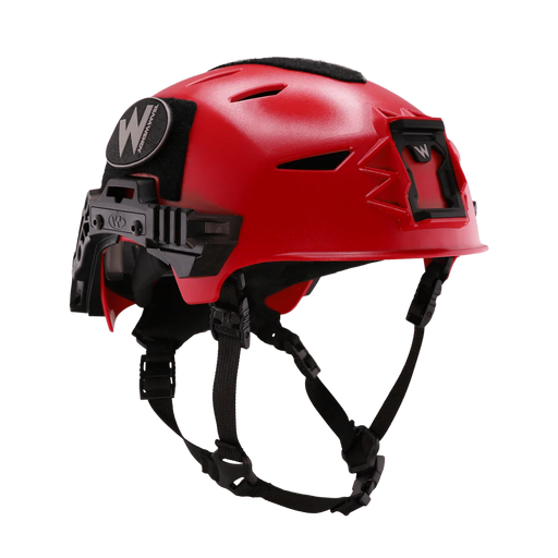 Right-side angled view of the red Team Wendy EXFIL Maritime RESCUER helmet