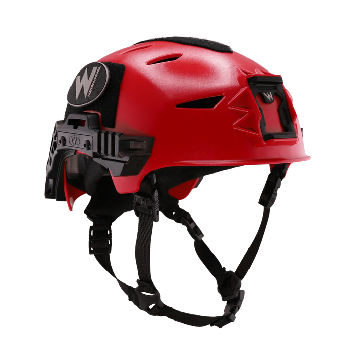 Right-side angled view of the red Team Wendy EXFIL Maritime RESCUER helmet
