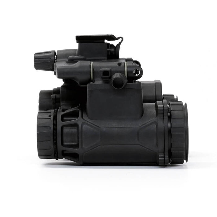 Right side profile of the binocular night vision device, showing the cylindrical optical housing, adjustment controls, and folding bridge mechanism mounted above the optic body.