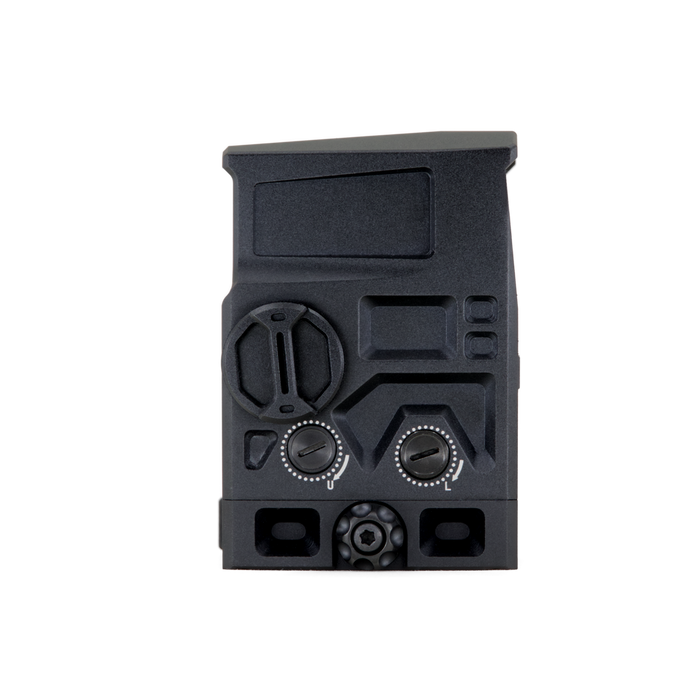 A clear right-side profile view of the black DOT Enhanced Holographic Sight 1, showing the robust housing, battery compartment cap, and the integrated quick-detach mounting system.