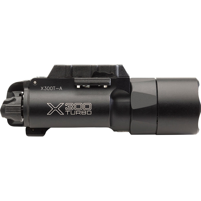 A clean right-side profile view of the black SureFire X300T-A, showing the Rail-Lock mounting system designed for polymer frames.