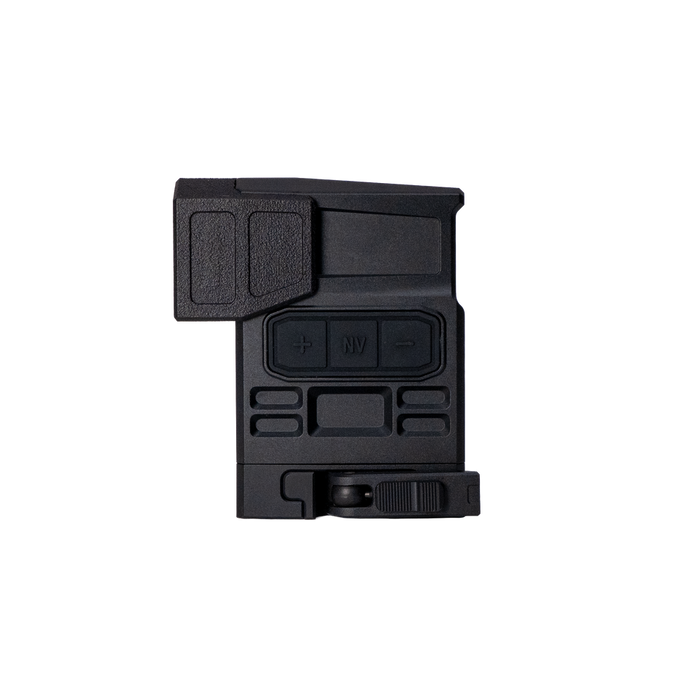 A right-side view of an optic sight featuring the EHS-1 Anti-Reflection Device securely installed on the front lens.